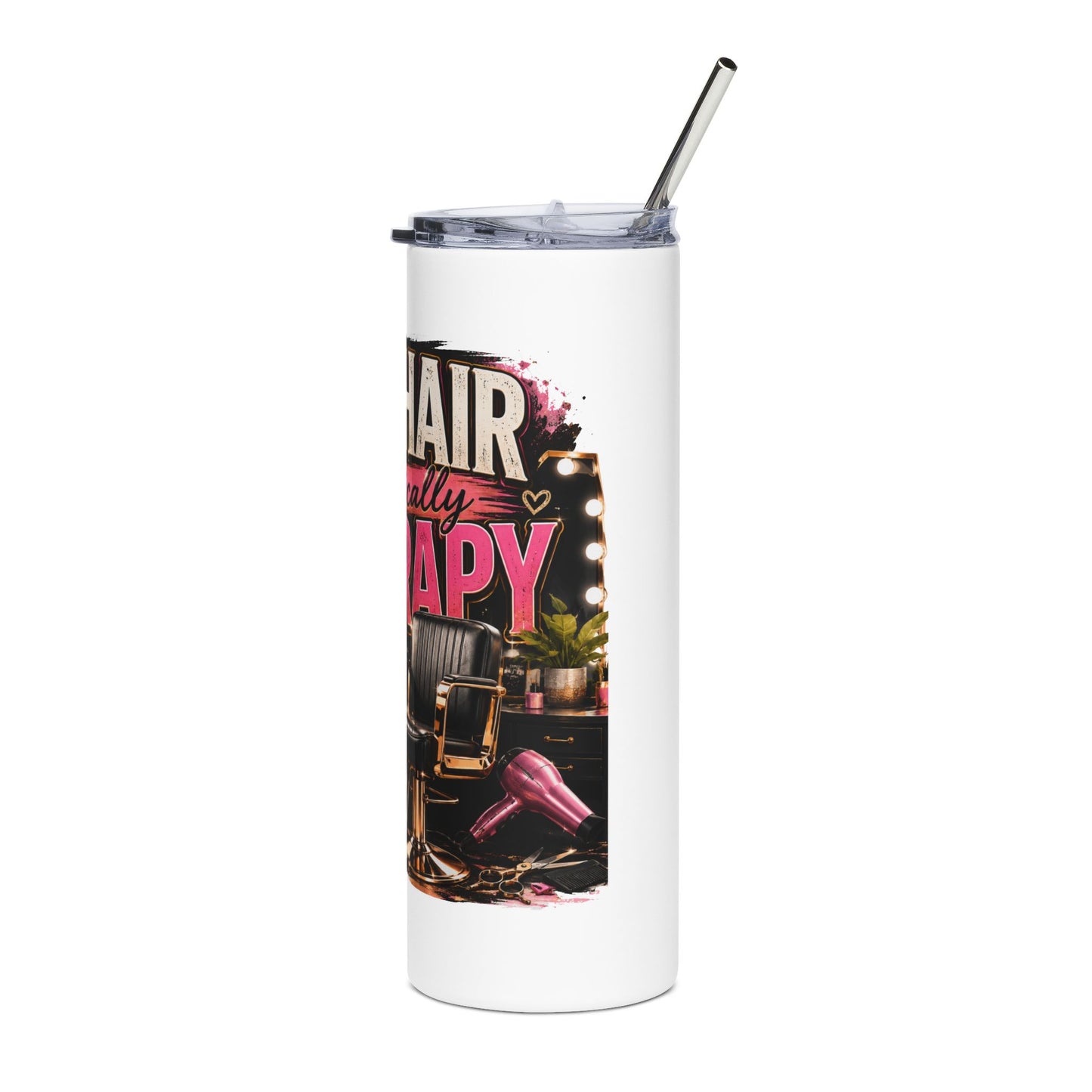 Funny Hairstylist Tumbler | My Chair Is Basically Therapy | 20 oz Stainless Steel Travel Mug | Hair Stylist Gift