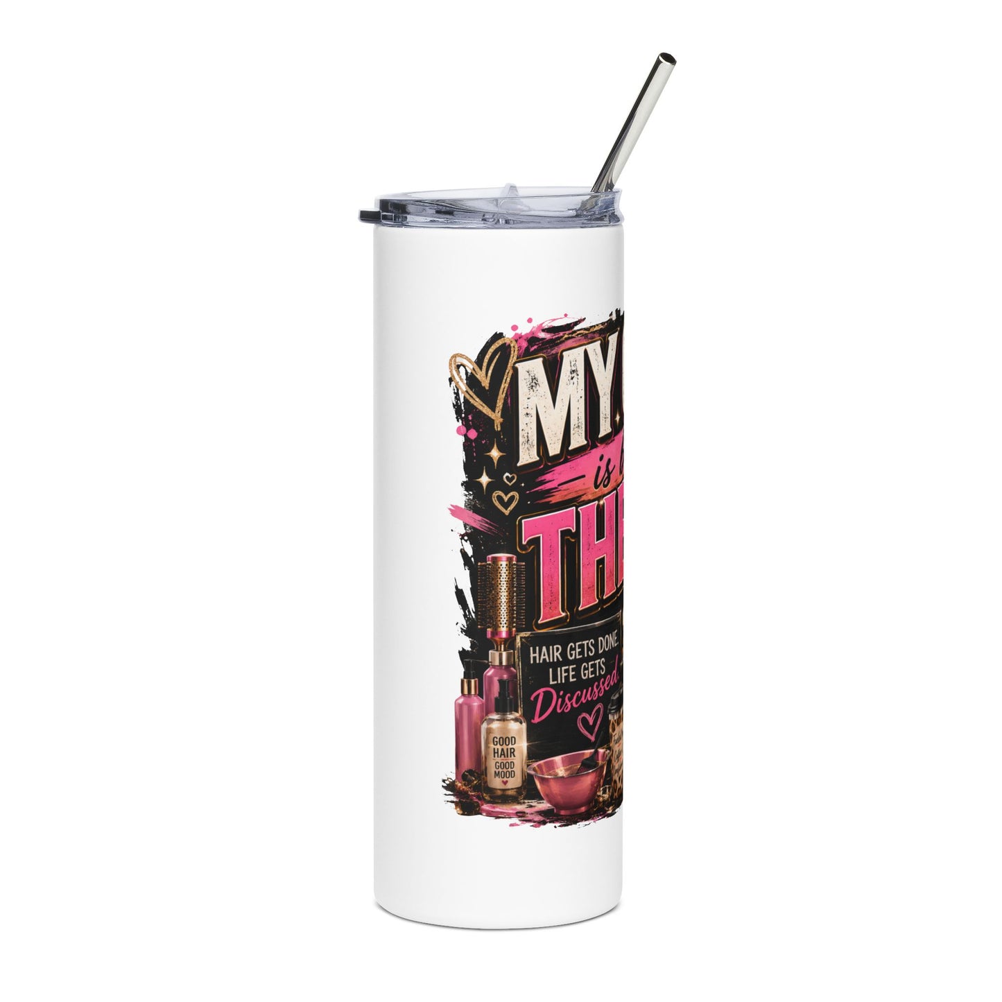 Funny Hairstylist Tumbler | My Chair Is Basically Therapy | 20 oz Stainless Steel Travel Mug | Hair Stylist Gift