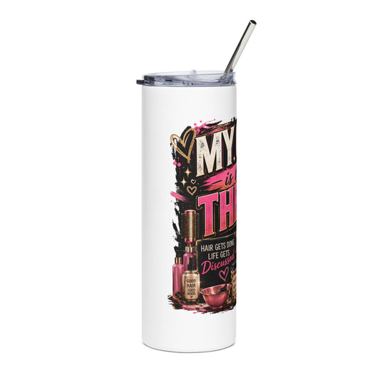 Funny Hairstylist Tumbler | My Chair Is Basically Therapy | 20 oz Stainless Steel Travel Mug | Hair Stylist Gift