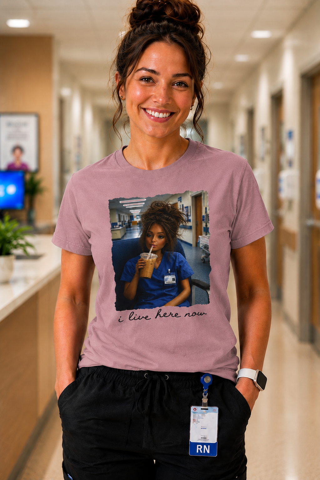 Nurse Life Tee — "I Live Here Now" Scrubs Coffee T-Shirt-brown beauty