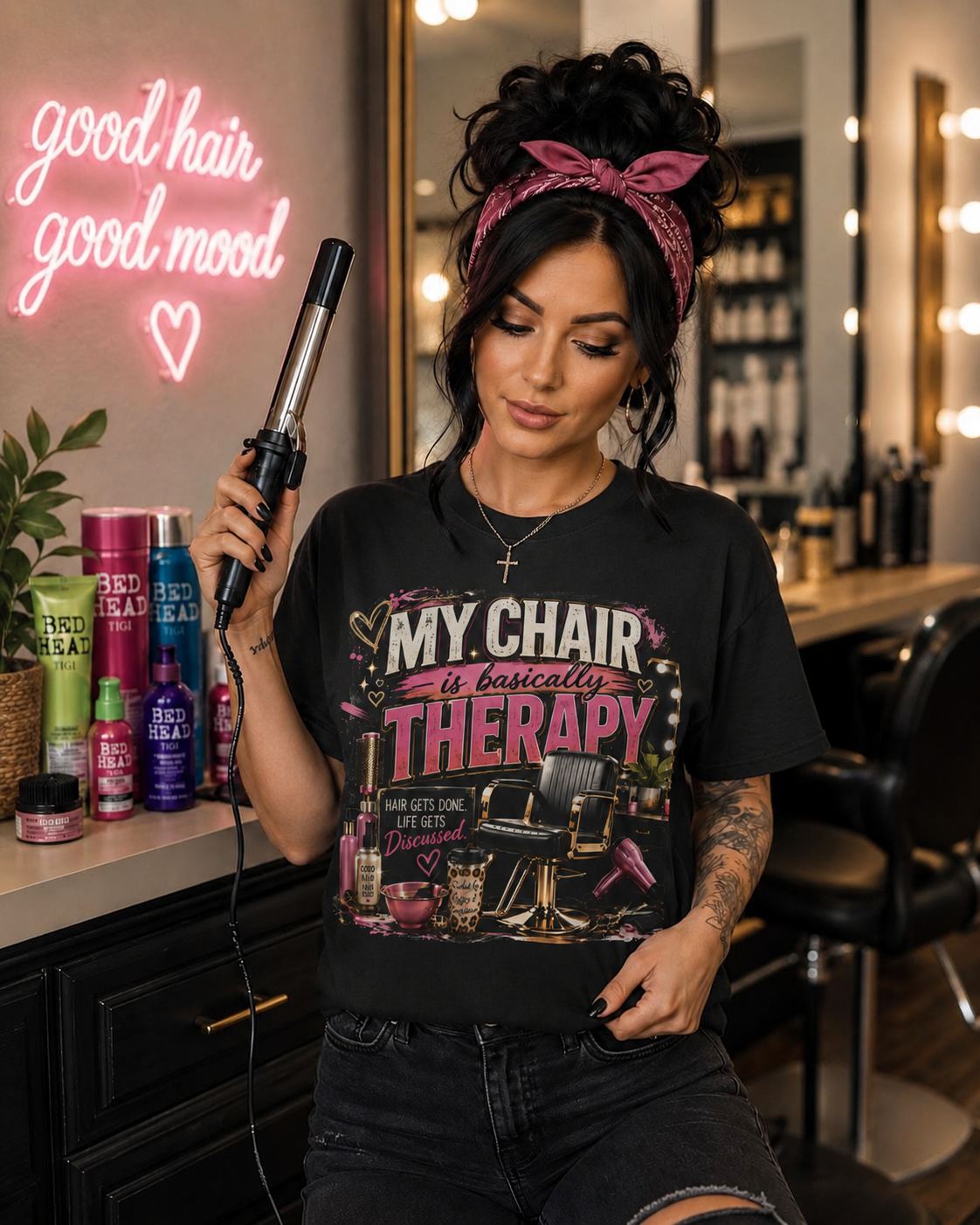 Funny hairstylist graphic t-shirt featuring the phrase "My Chair Is Basically Therapy" for hairstylists, cosmetologists, salon owners, and beauty professionals.